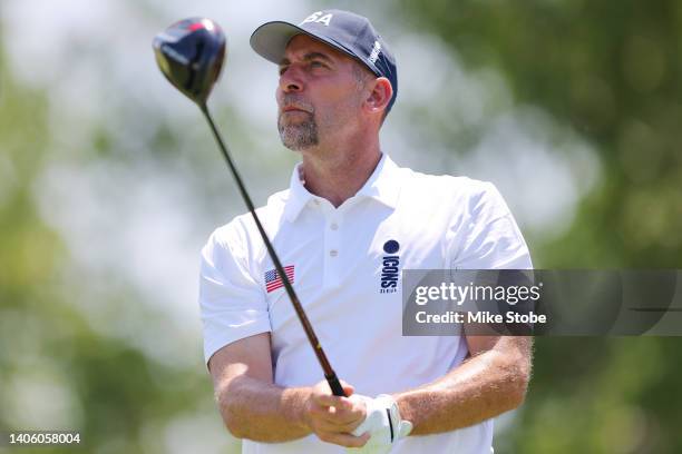 John Smoltz hits his tee shot on the 7th hole during day one of the ICON Series at Liberty National Golf Club on June 30, 2022 in Jersey City, New...