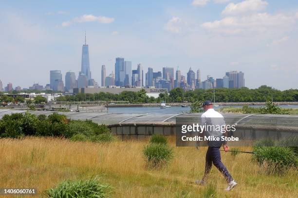 Andrew Whitworth walks to the fairway on the 7th hole during day one of the ICON Series at Liberty National Golf Club on June 30, 2022 in Jersey...