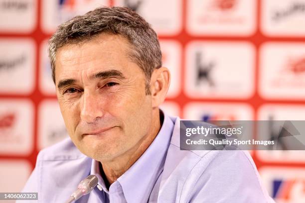 New Athletic Club head coach Ernesto Valverde faces the media during his presentation at San Mames stadium on June 30, 2022 in Bilbao, Spain.