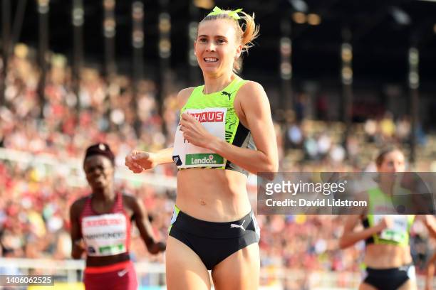 Linden Hall of Australia crosses the finish line to win the final of the Women's 1500m at the BAUHAUS-Galan Stockholm 2022, part of the 2022 Diamond...