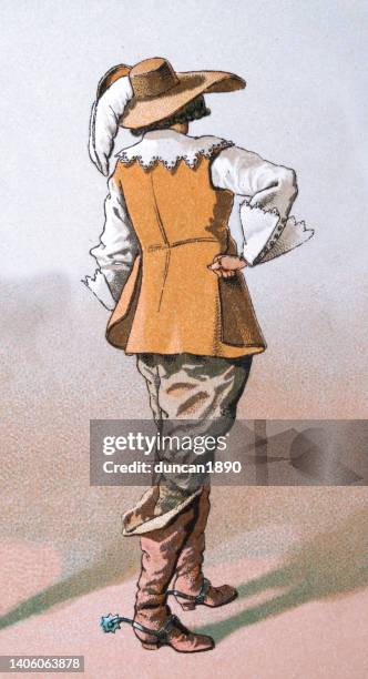 stockillustraties, clipart, cartoons en iconen met fashions of 17th century, man boots with spurs, wide brim hat, lace collar and cuffs, french bourgeoisie - hoed met rand