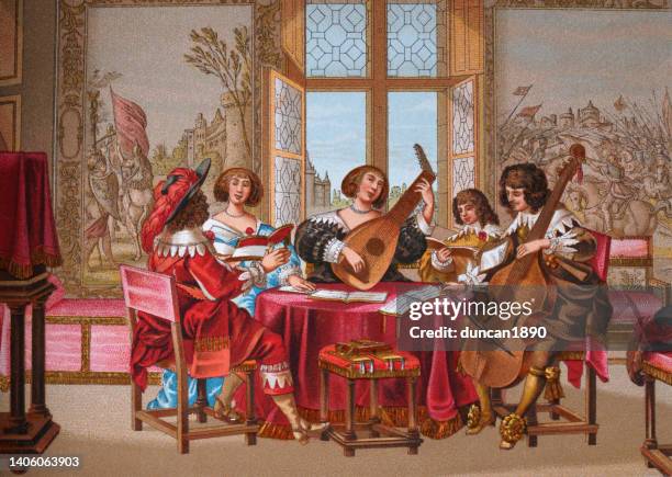 chamber music, 17th century, classical musicians playing lute, cello, singers, men and women, french - traditional musician stock illustrations