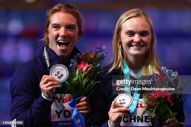 Silver medalists Delaney Schnell and Katrina Young of Team United States pose during the medal cermony for the Women's Synchronized 10m Platform...