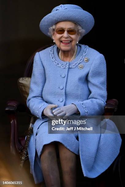 Queen Elizabeth II attends the Royal Company of Archers Reddendo Parade in the gardens of the Palace of Holyroodhouse on June 30, 2022 in Edinburgh,...