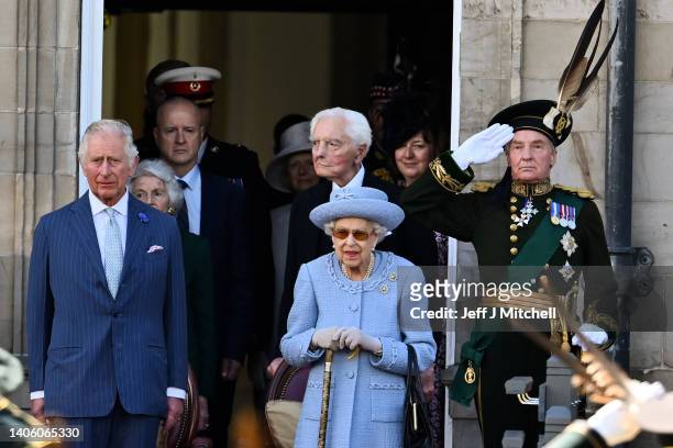 Queen Elizabeth II attends the Royal Company of Archers Reddendo Parade in the gardens of the Palace of Holyroodhouse on June 30, 2022 in Edinburgh,...
