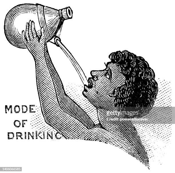 ilustraciones, imágenes clip art, dibujos animados e iconos de stock de hombre bebiendo de la jarra de agua de cerámica tradicional de fiji - siglo 19 - pitorro
