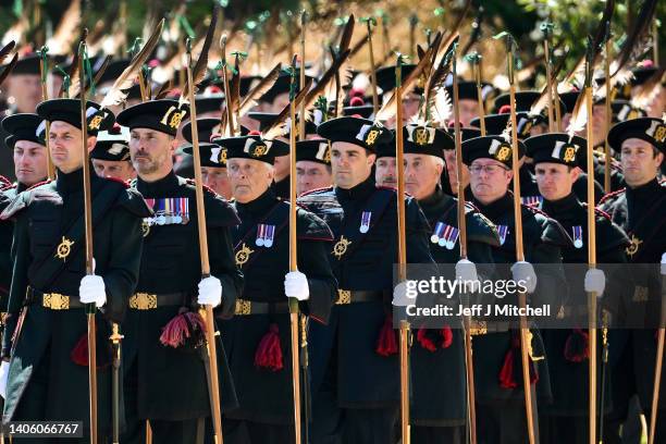 The Royal Company of Archers Reddendo Parade in the gardens of the Palace of Holyroodhouse in front of Prince Charles, Prince of Wales, known as the...