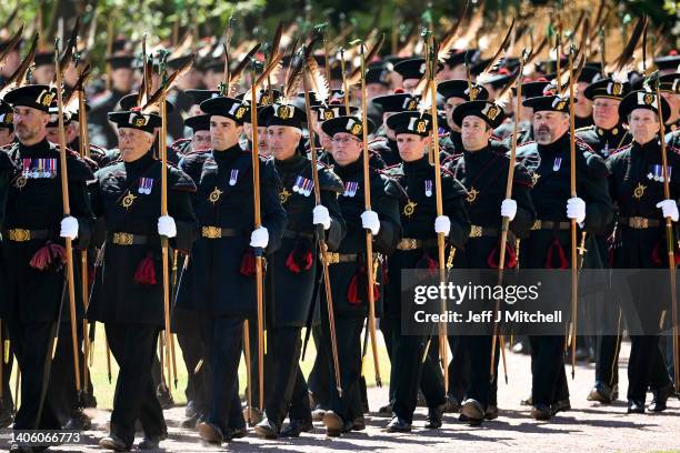 The Royal Company of Archers Reddendo Parade in the gardens of the Palace of Holyroodhouse in front of Prince Charles, Prince of Wales, known as the...