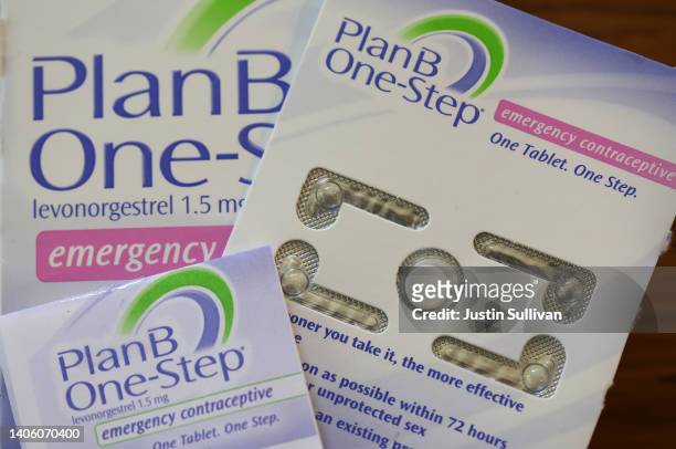 In this photo illustration, PlanB one-step emergency contraceptive is displayed on June 30, 2022 in San Anselmo, California. Some large drugstore...
