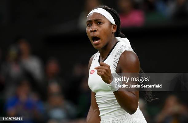 Coco Gauff of The United States celebrates after winning match point against Mihaela Buzarnescu of Romania during their Women's Singles Second Round...