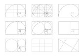 Golden ratio template set. Fibonacci sequence signs. Logarithmic spiral in rectangle frame fracted on lines, squares and circles. Ideal symmetry proportions layout