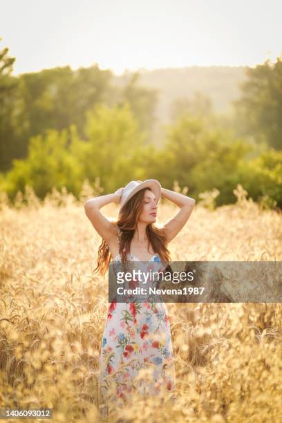happy young woman in wheat field by sunset - infinity loop stockfoto's en -beelden