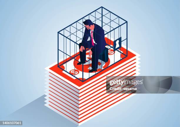 businessman trapped in money cage, business scam, debt crisis, white collar business crime - debtor prison stock illustrations