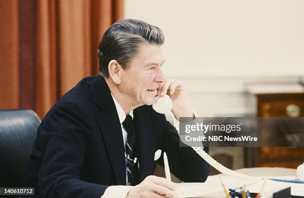 Reagan: The First Hundred Days" -- Pictured: U.S. President Ronald Reagan in the Oval Office of the White House on February 10, 1981 in Washington...