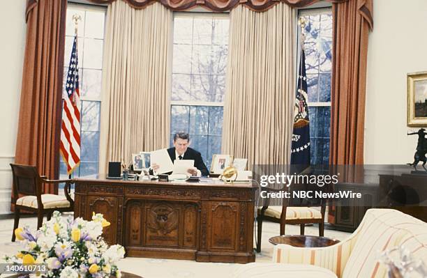 Reagan: The First Hundred Days" -- Pictured: U.S. President Ronald Reagan in the Oval Office of the White House on February 10, 1981 in Washington...