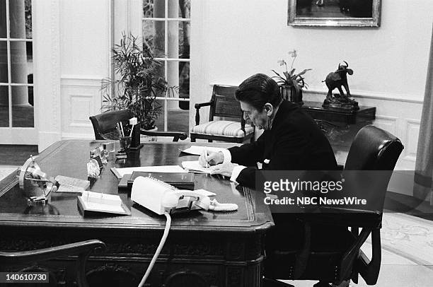 Reagan: The First Hundred Days" -- Pictured: U.S. President Ronald Reagan in the Oval Office of the White House on February 10, 1981 in Washington...