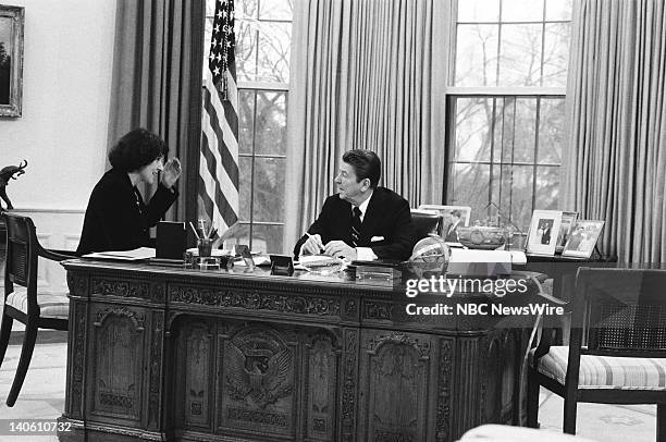 Reagan: The First Hundred Days" -- Pictured: Presidential Personal Secretary Helene von Damm U.S. President Ronald Reagan in the Oval Office of the...