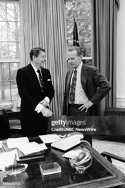 Reagan: The First Hundred Days" -- Pictured: U.S. President Ronald Reagan, NBC News' David Brinkley in the Oval Office of the White House on February...