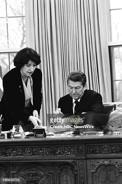Reagan: The First Hundred Days" -- Pictured: Presidential Personal Secretary Helene von Damm U.S. President Ronald Reagan in the Oval Office of the...