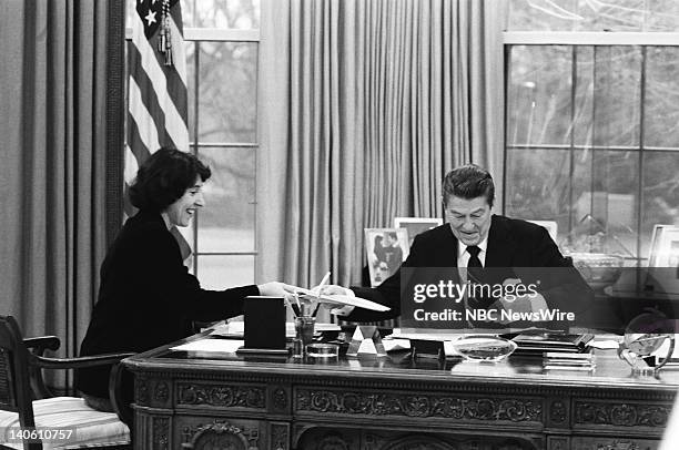 Reagan: The First Hundred Days" -- Pictured: Presidential Personal Secretary Helene von Damm U.S. President Ronald Reagan in the Oval Office of the...