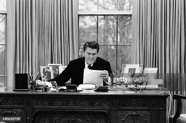 Reagan: The First Hundred Days" -- Pictured: U.S. President Ronald Reagan in the Oval Office of the White House on February 10, 1981 in Washington...