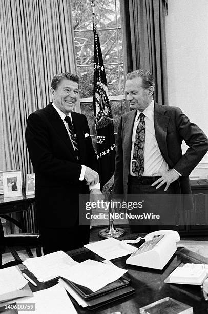 Reagan: The First Hundred Days" -- Pictured: U.S. President Ronald Reagan, NBC News' David Brinkley in the Oval Office of the White House on February...