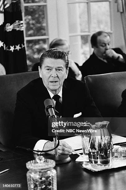 Reagan: The First Hundred Days" -- Pictured: U.S. President Ronald Reagan during a Cabinet meeting in the Cabinet Room of the White House on February...