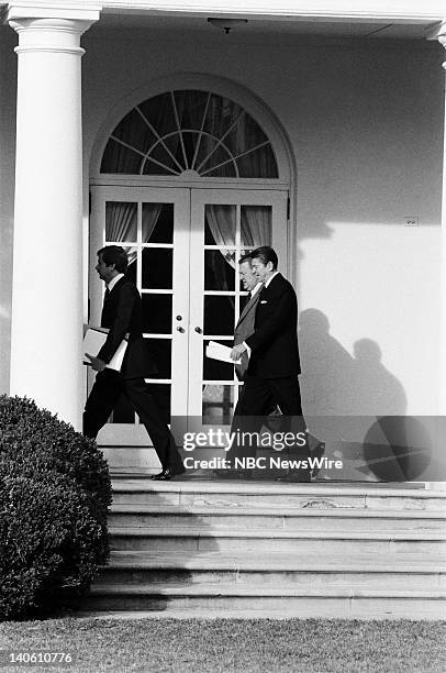 Reagan: The First Hundred Days" -- Pictured: U.S. President Ronald Reagan walking on the colonnade of the west side of the White House on February...