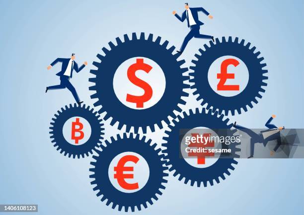 global monetary policy and currency trading, concept illustration of financial money, businessman keeps running on the gears of currency symbols - running gear stock illustrations