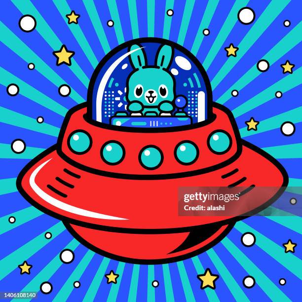 a cute rabbit astronaut is piloting an unlimited power spaceship or ufo into the metaverse - cartoon spaceship stock illustrations