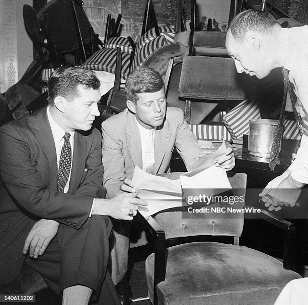 Pictured: NBC News' Paul Cunningham, candidate Senator John F. Kennedy, unknown during Kennedy's vice-presidential campaign at the 1956 Democratic...