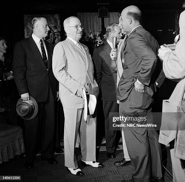 Pictured: Former President of the United States Harry S. Truman , NBC News' Paul Cunningham, NBC News' Joe Michaels at the 1956 Democratic National...
