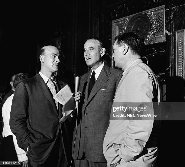 Pictured: NBC News' Joe Michaels, democractic presidential candidate New York Governor W. Averell Harriman, NBC News' Paul Cunningham in the lobby of...