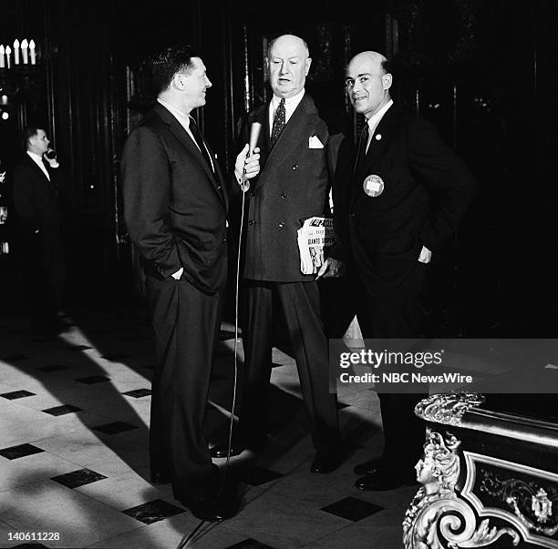 Pictured: NBC News' Paul Cunningham , NBC News' Joe Michaels during an interview in the lobby of the Sheraton Blackstone during the 1956 Democratic...
