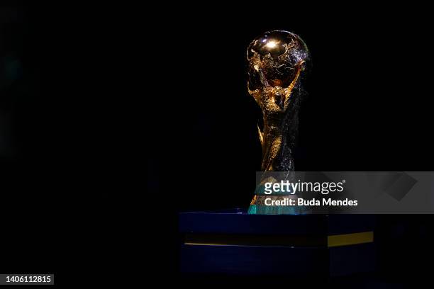 Replica of the FIFA World Cup Trophy is seen during ceremony organized by Brazilian Football Confederation to honor 2002 FIFA World Champions on the...