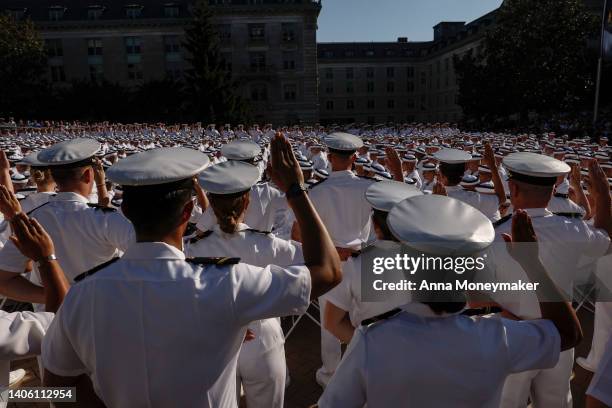 Upperclassmen, who will guide U.S. Plebes through their Plebe Summer, take their Oath of Office at the conclusion of Induction day at the U.S. Naval...