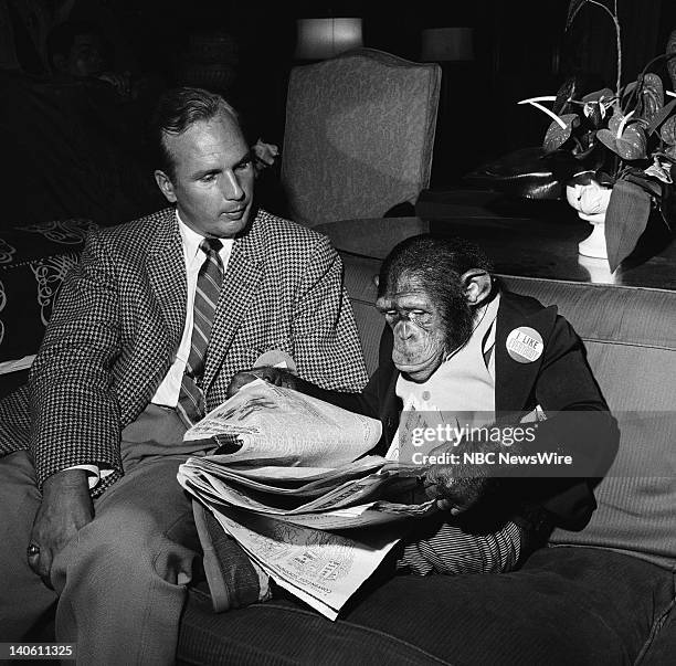 Pictured: Owner/trainer Roy Waldron, NBC News' J. Fred Muggs the chimpanzee at the 1956 Democratic National Convention held at the International...