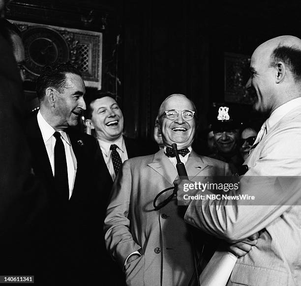 Pictured: NBC News' Paul Cunningham , Former President of the United States Harry S. Truman, NBC News' Joe Michaels at the 1956 Democratic National...