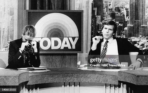 News' Jane Pauley, Tom Brokaw on December 9, 1980 during a memorial tribute to musician John Lennon who was shot and killed the day before -- Photo...