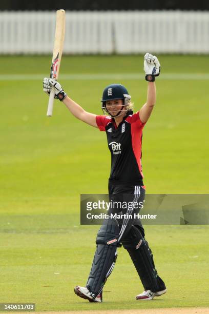 England captain Charlotte Edwards celebrates after reaching a century during the second ODI match between New Zealand and England at Bert Sutcliffe...