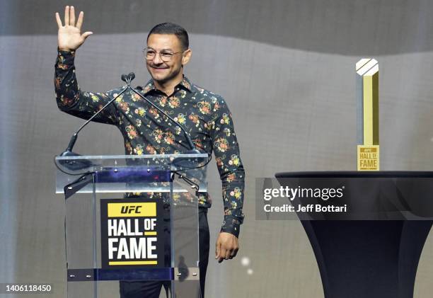 Cub Swanson speaks after being inducted into the fight wing during the UFC Hall of Fame induction ceremony at T-Mobile Arena on June 30, 2022 in Las...