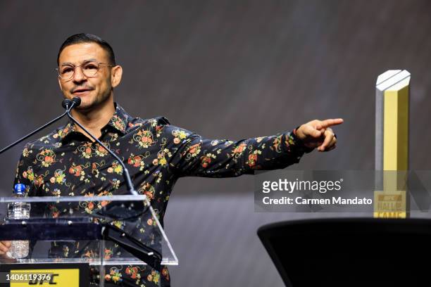 Cub Swanson speaks after being inducted into the fight wing during the UFC Hall of Fame induction ceremony at T-Mobile Arena on June 30, 2022 in Las...