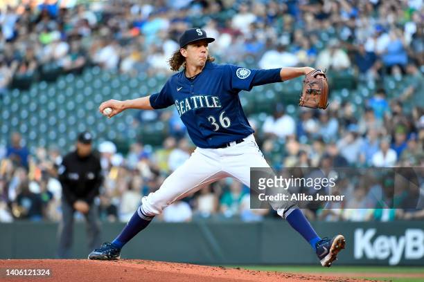 Logan Gilbert of the Seattle Mariners throws a pitch during the first inning against the Oakland Athletics at T-Mobile Park on June 30, 2022 in...