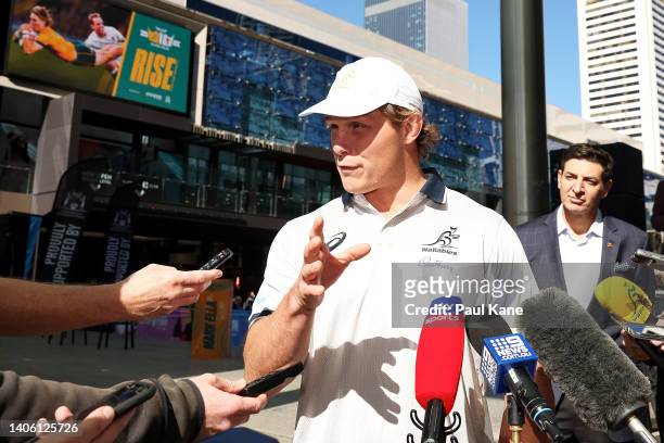 Wallabies captain Michael Hooper speaks to the press during a media opportunity ahead of the Wallabies v England Test series, at Forrest Place on...