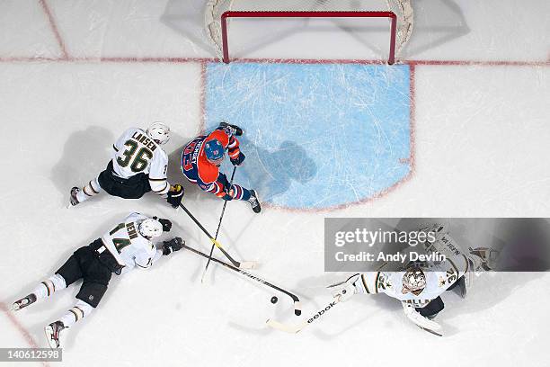 Ales Hemsky of the Edmonton Oilers and Kari Lehtonen of the Dallas Stars reach for the loose puck at Rexall Place on March 2, 2012 in Edmonton,...