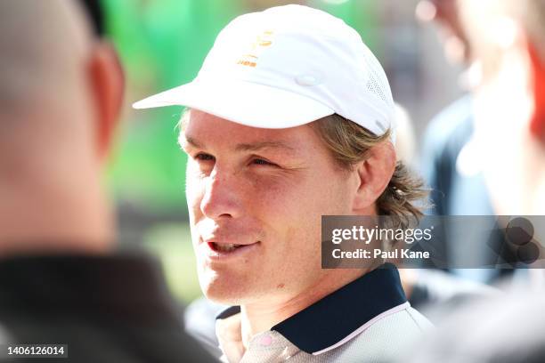 Wallabies captain Michael Hooper speaks to the press during a media opportunity ahead of the Wallabies v England Test series, at Forrest Place on...