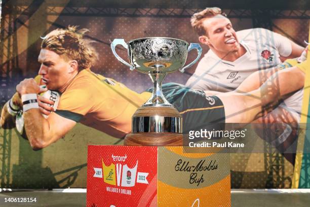 The Ella-Mobbs Cup is seen on display during a media opportunity ahead of the Wallabies v England Test series, at Forrest Place on July 01, 2022 in...