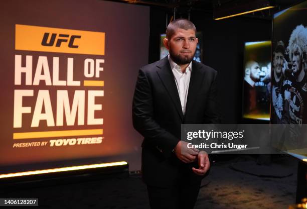 Khabib Nurmagomedov prepares to take the stage during the UFC Hall of Fame induction ceremony at T-Mobile Arena on June 30, 2022 in Las Vegas, Nevada.