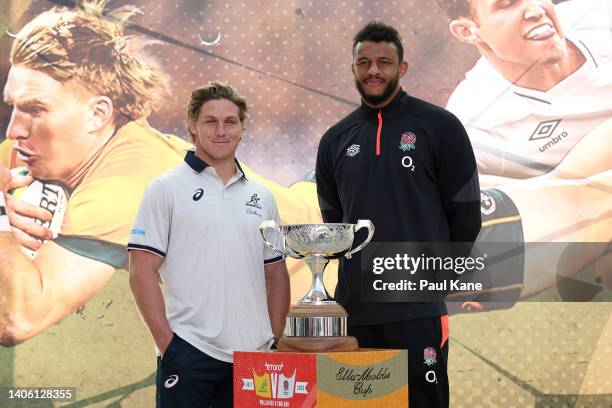 Wallabies captain Michael Hooper and England captain Courtney Lawes pose with the Ella-Mobbs Cup during a media opportunity ahead of the Wallabies v...