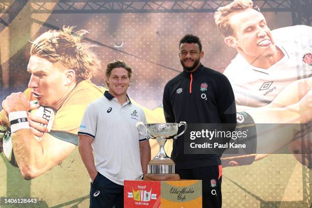 Wallabies captain Michael Hooper and England captain Courtney Lawes pose with the Ella-Mobbs Cup during a media opportunity ahead of the Wallabies v...